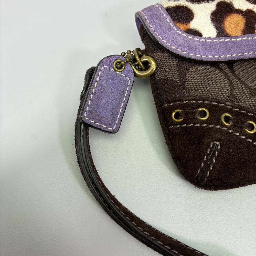 Coach Signature Canvas Leopard Print Calf Hair Purple Suede Buckle Wristlet - Picture 3 of 10